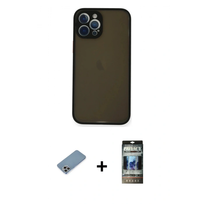 MARSİLYAN™- iPhone 12 Pro Kılıf Ahenk Çizgi Serisi - Siyah 34D Hayalet Izgaralı Cam + Shine Kamera Lens Koruma Cam - GI