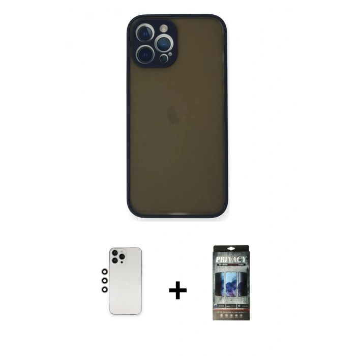 MARSİLYAN™- iPhone 12 Pro Kılıf Ahenk Çizgi Serisi - Siyah 34D Hayalet Izgaralı Cam + Shine Kamera Lens - GS
