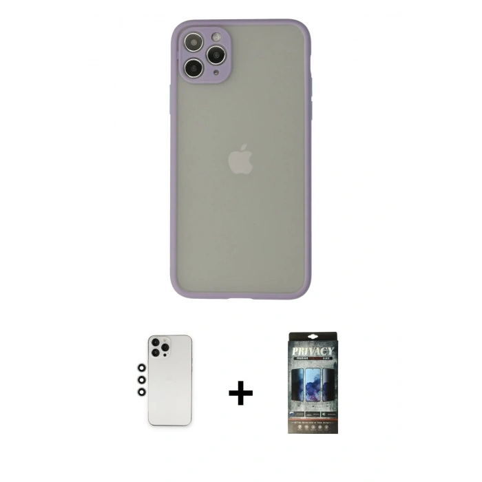 MARSİLYAN™- iPhone 12 Pro Kılıf Ahenk Çizgi Serisi - Siyah 34D Hayalet Izgaralı Cam + Shine Kamera Lens - GS