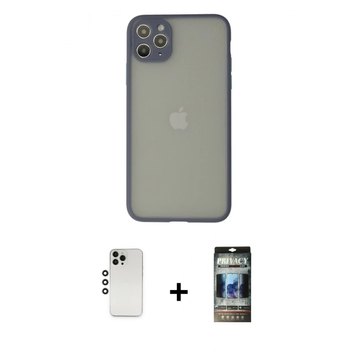 MARSİLYAN™- iPhone 12 Pro Kılıf Ahenk Çizgi Serisi - Siyah 34D Hayalet Izgaralı Cam + Shine Kamera Lens - GS