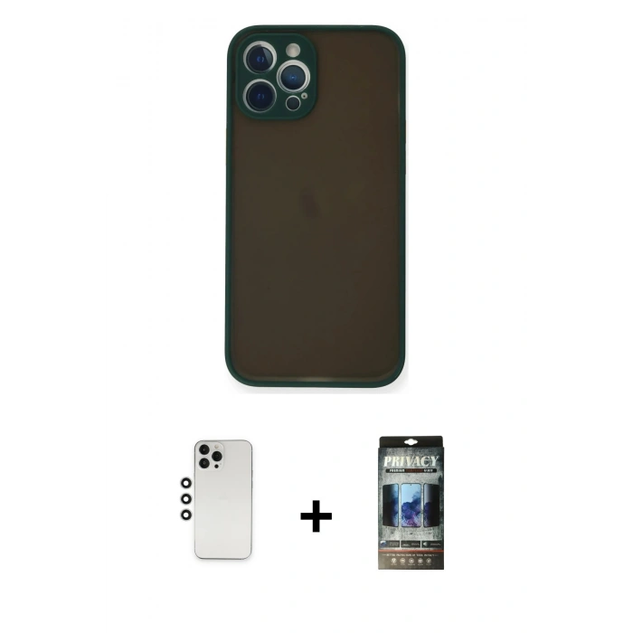 MARSİLYAN™- iPhone 12 Pro Kılıf Ahenk Çizgi Serisi - Siyah 34D Hayalet Izgaralı Cam + Shine Kamera Lens - GS