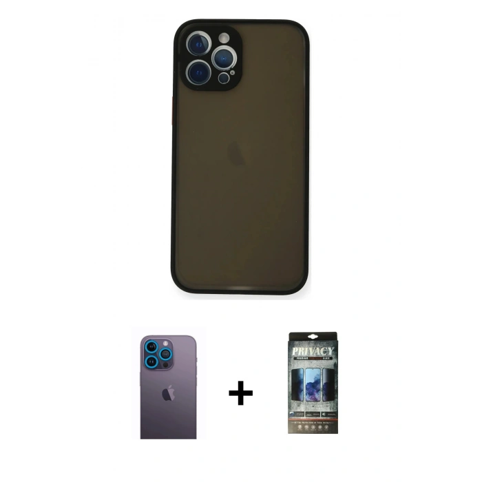 MARSİLYAN™- iPhone 12 Pro Kılıf Ahenk Çizgi Serisi - Siyah 34D Hayalet Izgaralı Cam + Neon Fosforlu Kamera Lens - MI