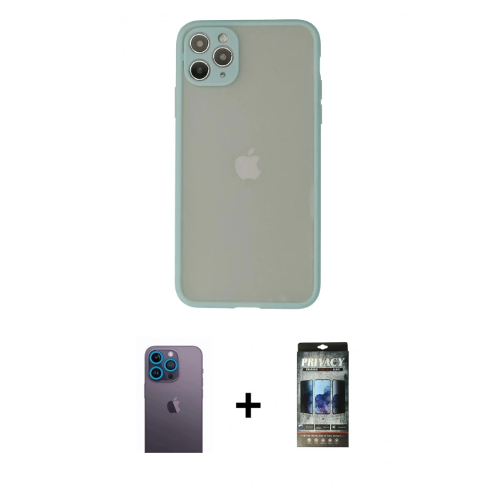 MARSİLYAN™- iPhone 12 Pro Kılıf Ahenk Çizgi Serisi - Siyah 34D Hayalet Izgaralı Cam + Neon Fosforlu Kamera Lens - MI
