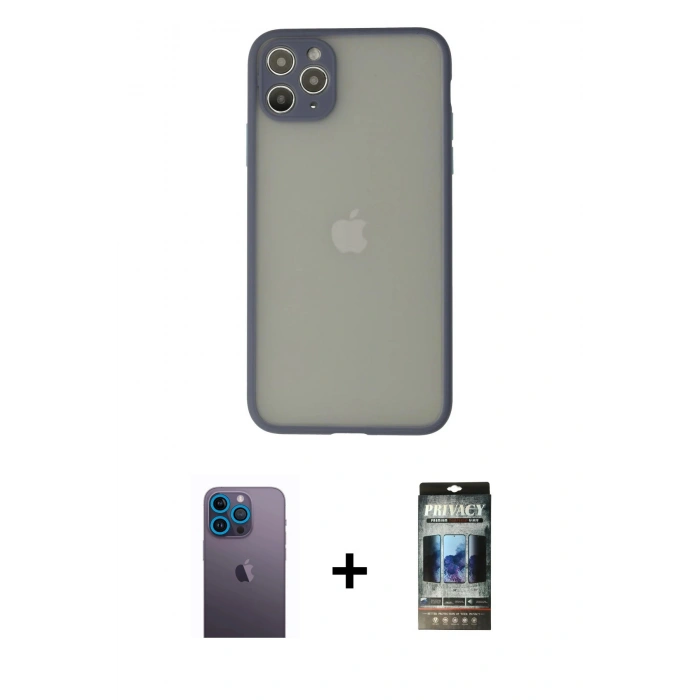 MARSİLYAN™- iPhone 12 Pro Kılıf Ahenk Çizgi Serisi - Siyah 34D Hayalet Izgaralı Cam + Neon Fosforlu Kamera Lens - MI