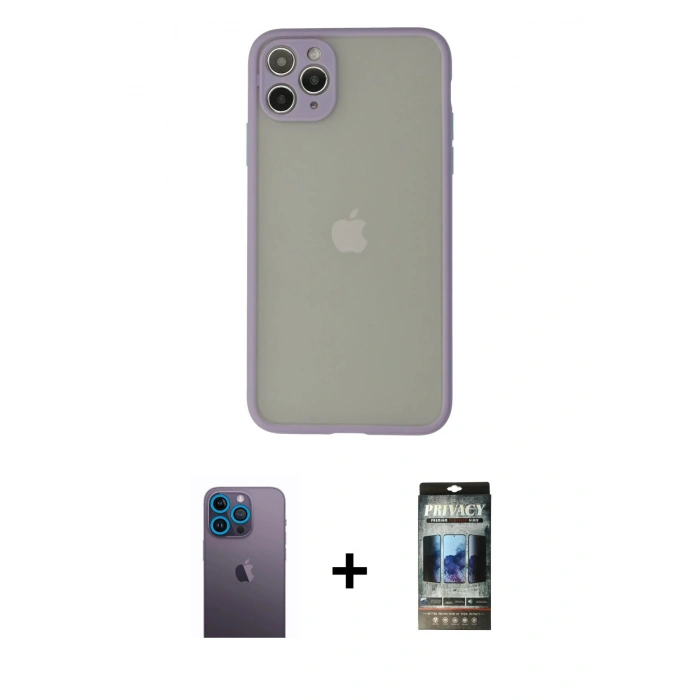 MARSİLYAN™- iPhone 12 Pro Kılıf Ahenk Çizgi Serisi - Siyah 34D Hayalet Izgaralı Cam + Neon Fosforlu Kamera Lens - MI
