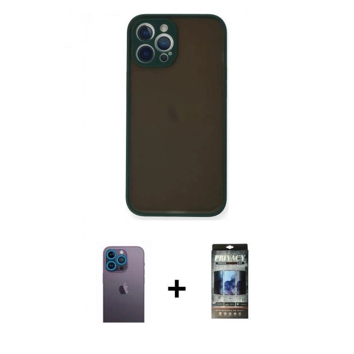MARSİLYAN™- iPhone 12 Pro Kılıf Ahenk Çizgi Serisi - Siyah 34D Hayalet Izgaralı Cam + Neon Fosforlu Kamera Lens - MI