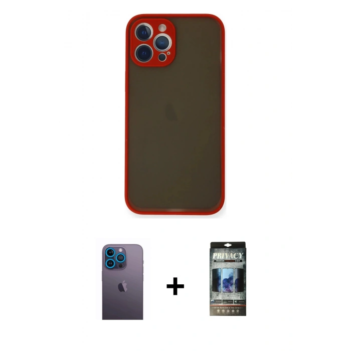 MARSİLYAN™- iPhone 12 Pro Kılıf Ahenk Çizgi Serisi - Siyah 34D Hayalet Izgaralı Cam + Neon Fosforlu Kamera Lens - MI