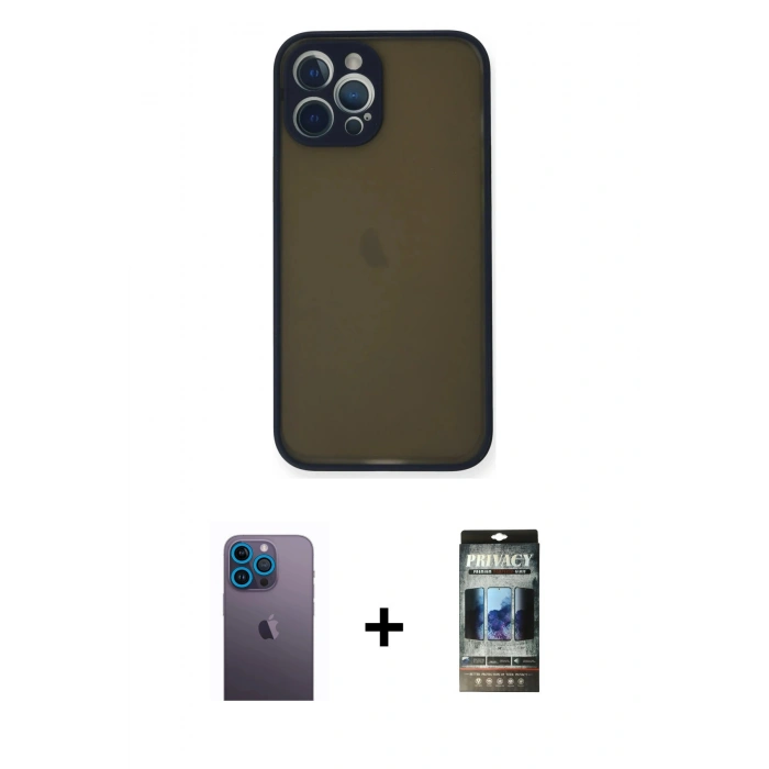 MARSİLYAN™- iPhone 12 Pro Kılıf Ahenk Çizgi Serisi - Siyah 34D Hayalet Izgaralı Cam + Neon Fosforlu Kamera Lens - MI