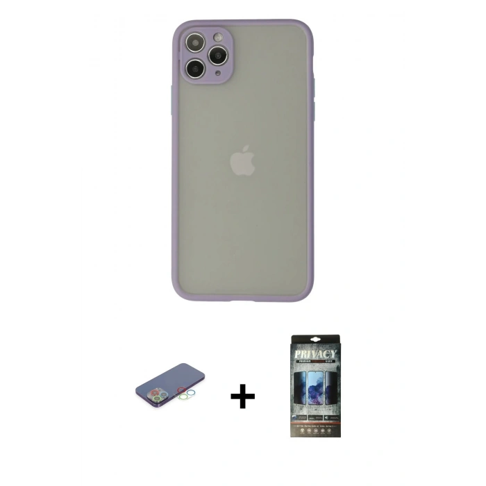 MARSİLYAN™- iPhone 12 Pro Kılıf Ahenk Çizgi Serisi - Siyah 34D Hayalet Izgaralı Cam + Renkli Kamera Lens Koruma Cam - MI