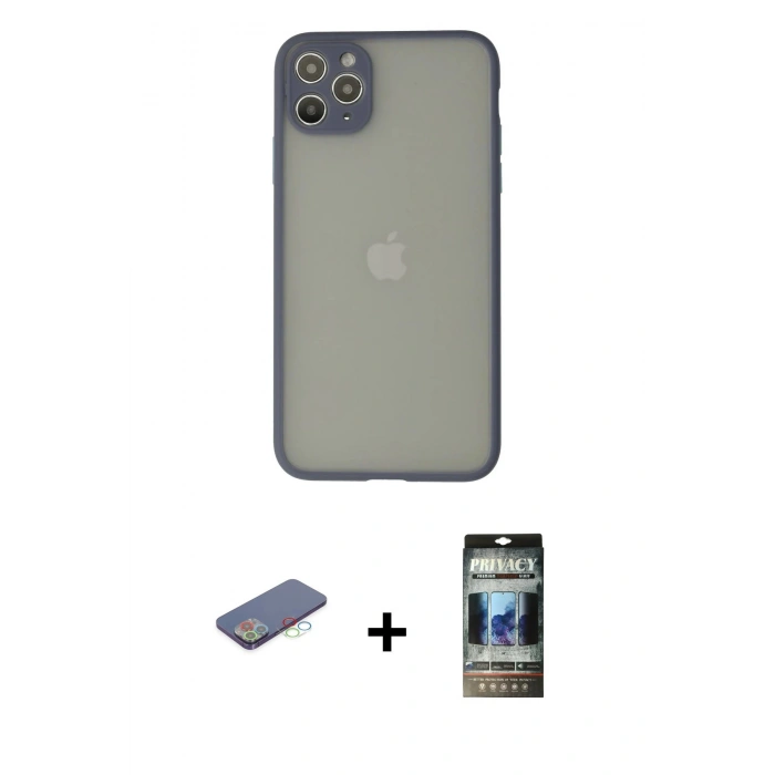 MARSİLYAN™- iPhone 12 Pro Kılıf Ahenk Çizgi Serisi - Siyah 34D Hayalet Izgaralı Cam + Renkli Kamera Lens Koruma Cam - MI