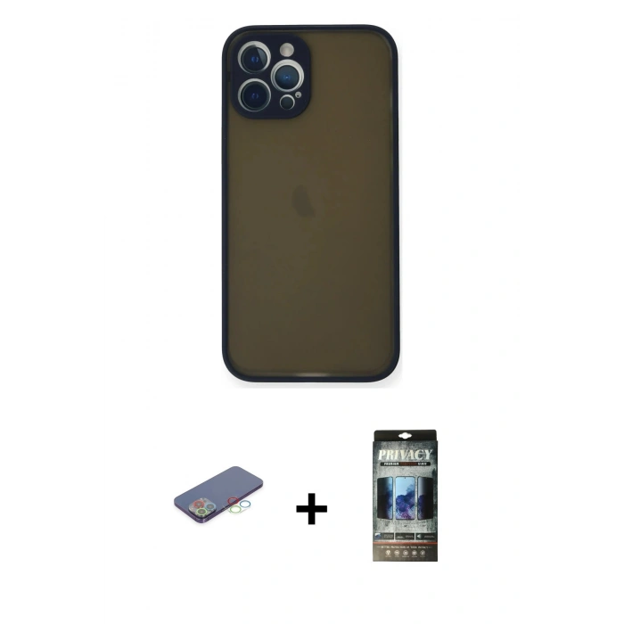 MARSİLYAN™- iPhone 12 Pro Kılıf Ahenk Çizgi Serisi - Siyah 34D Hayalet Izgaralı Cam + Renkli Kamera Lens Koruma Cam - MI