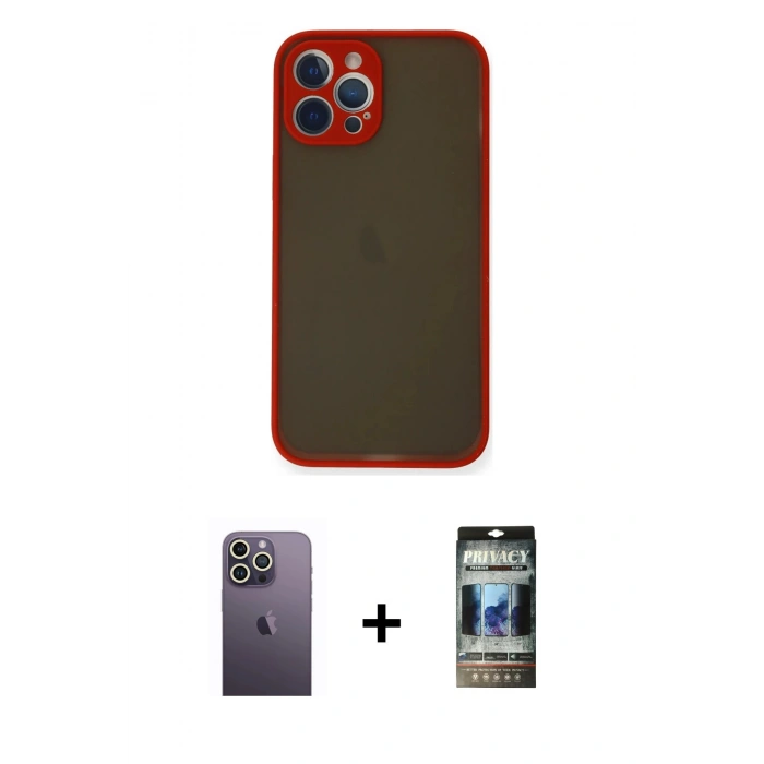 MARSİLYAN™- iPhone 12 Pro Kılıf Ahenk Çizgi Serisi - Siyah 34D Hayalet Izgaralı Cam + Neon Fosforlu Kamera Lens - BZ