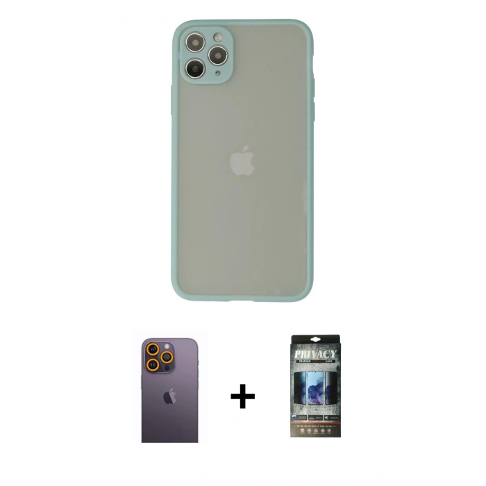 MARSİLYAN™- iPhone 12 Pro Kılıf Ahenk Çizgi Serisi - Siyah 34D Hayalet Izgaralı Cam + Neon Fosforlu Kamera Lens - SI