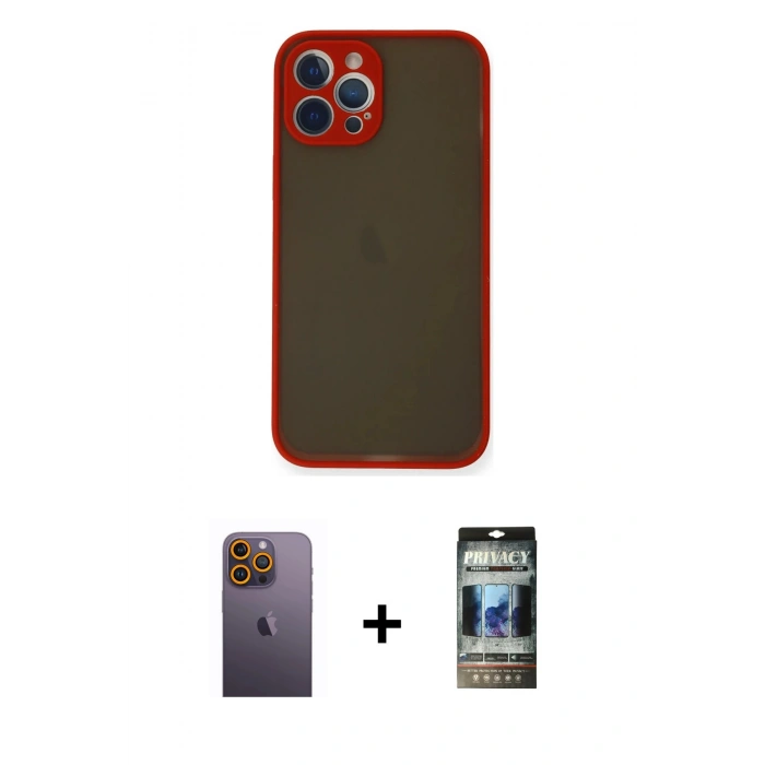 MARSİLYAN™- iPhone 12 Pro Kılıf Ahenk Çizgi Serisi - Siyah 34D Hayalet Izgaralı Cam + Neon Fosforlu Kamera Lens - SI