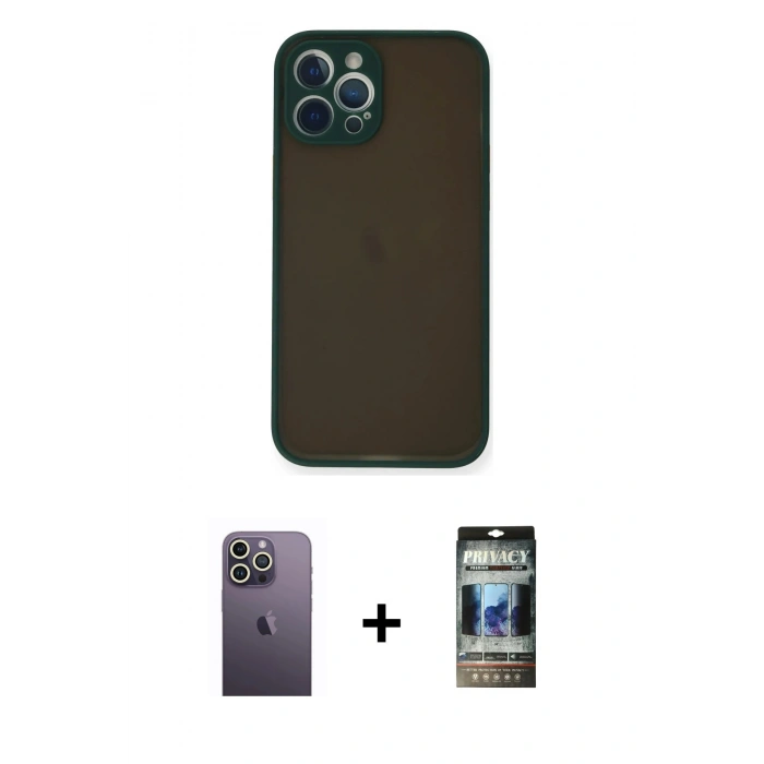 MARSİLYAN™- iPhone 12 Pro Kılıf Ahenk Çizgi Serisi - Siyah 34D Hayalet Izgaralı Cam + Neon Fosforlu Kamera Lens - BZ