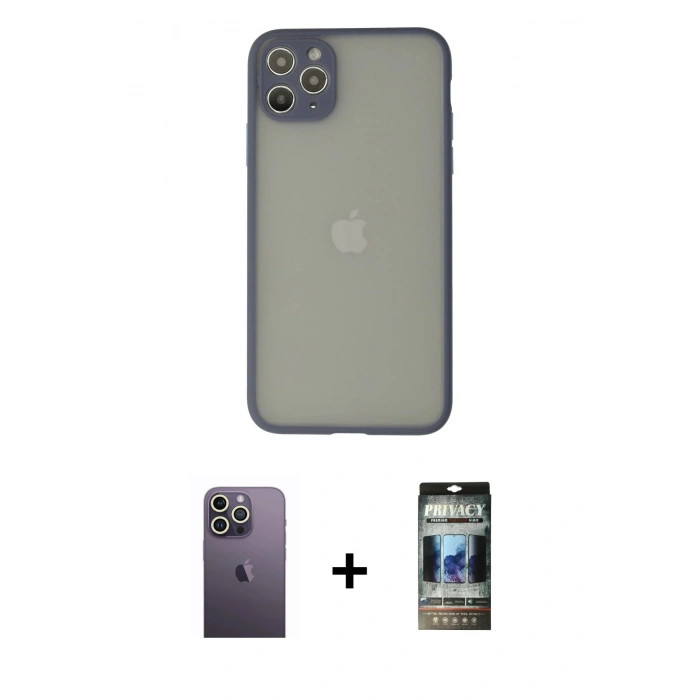 MARSİLYAN™- iPhone 12 Pro Kılıf Ahenk Çizgi Serisi - Siyah 34D Hayalet Izgaralı Cam + Neon Fosforlu Kamera Lens - BZ