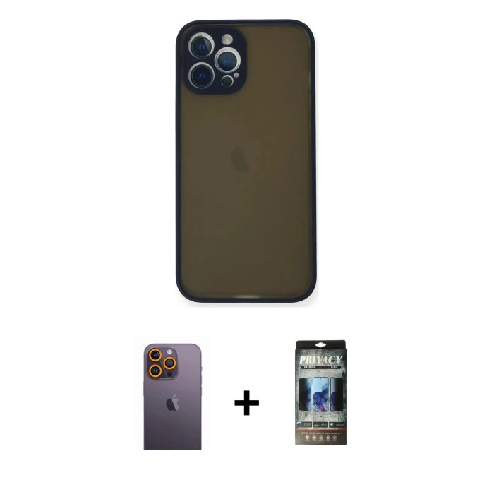 MARSİLYAN™- iPhone 12 Pro Kılıf Ahenk Çizgi Serisi - Siyah 34D Hayalet Izgaralı Cam + Neon Fosforlu Kamera Lens - SI