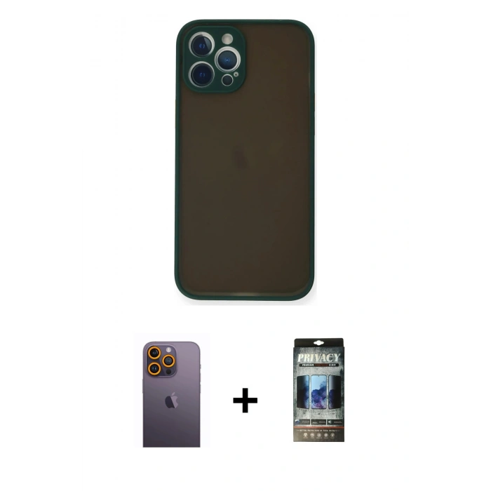 MARSİLYAN™- iPhone 12 Pro Kılıf Ahenk Çizgi Serisi - Siyah 34D Hayalet Izgaralı Cam + Neon Fosforlu Kamera Lens - SI