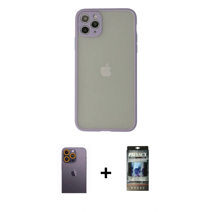 MARSİLYAN™- iPhone 12 Pro Kılıf Ahenk Çizgi Serisi - Siyah 34D Hayalet Izgaralı Cam + Neon Fosforlu Kamera Lens - SI