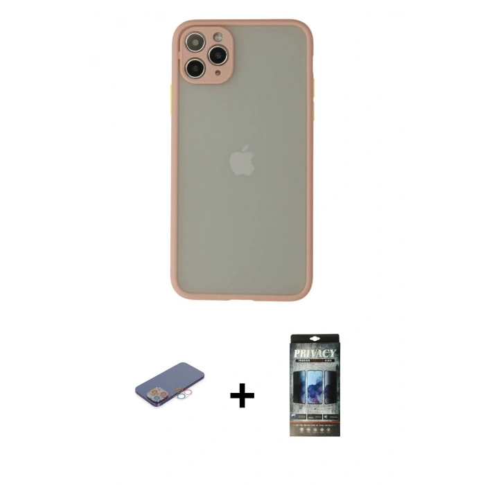 MARSİLYAN™- iPhone 12 Pro Kılıf Ahenk Çizgi Serisi - Siyah 34D Hayalet Izgaralı Cam + Renkli Kamera Lens Koruma Cam - PE