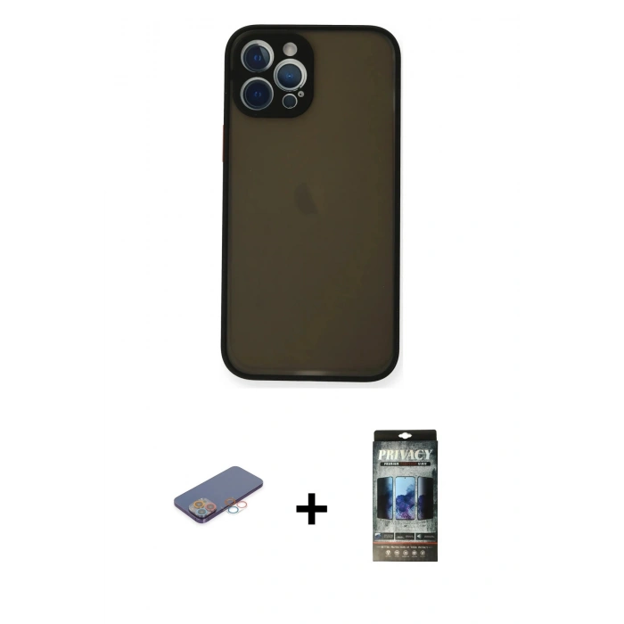MARSİLYAN™- iPhone 12 Pro Kılıf Ahenk Çizgi Serisi - Siyah 34D Hayalet Izgaralı Cam + Renkli Kamera Lens Koruma Cam - PE