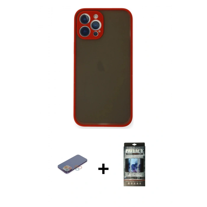 MARSİLYAN™- iPhone 12 Pro Kılıf Ahenk Çizgi Serisi - Siyah 34D Hayalet Izgaralı Cam + Renkli Kamera Lens Koruma Cam - PE