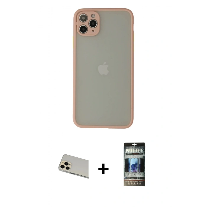 MARSİLYAN™- iPhone 12 Pro Kılıf Ahenk Çizgi Serisi - Siyah 34D Hayalet Izgaralı Cam + Rainbow Kamera Lens Koruma Cam - GD