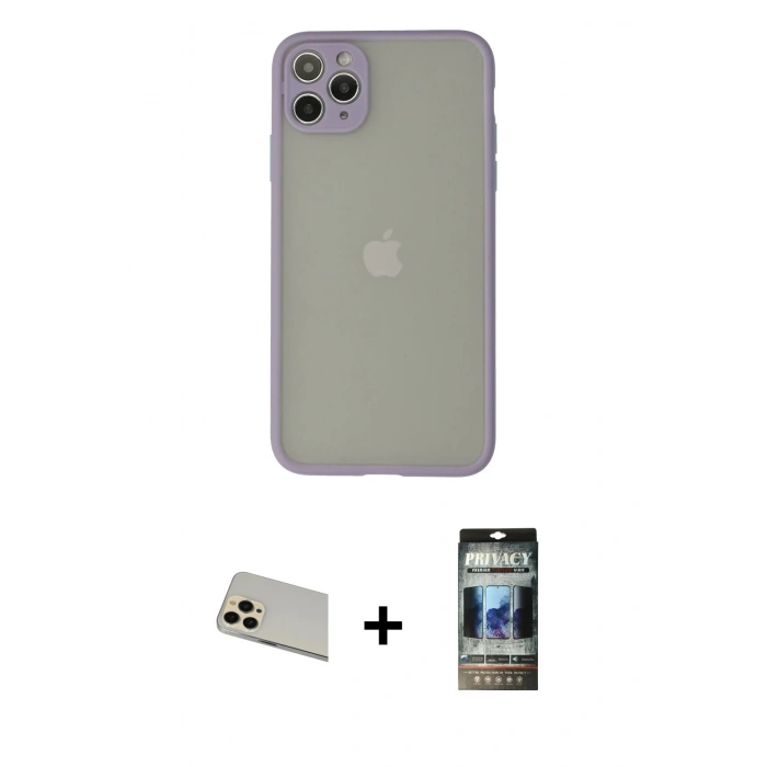 MARSİLYAN™- iPhone 12 Pro Kılıf Ahenk Çizgi Serisi - Siyah 34D Hayalet Izgaralı Cam + Rainbow Kamera Lens Koruma Cam - GD