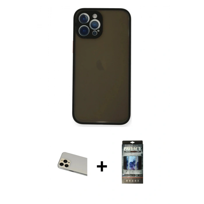 MARSİLYAN™- iPhone 12 Pro Kılıf Ahenk Çizgi Serisi - Siyah 34D Hayalet Izgaralı Cam + Rainbow Kamera Lens Koruma Cam - GD