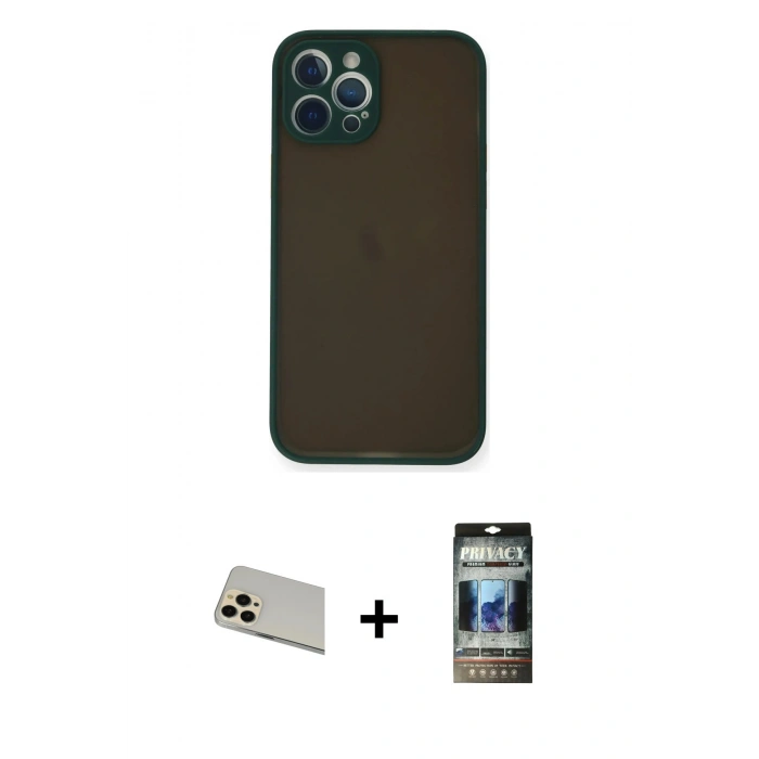 MARSİLYAN™- iPhone 12 Pro Kılıf Ahenk Çizgi Serisi - Siyah 34D Hayalet Izgaralı Cam + Rainbow Kamera Lens Koruma Cam - GD