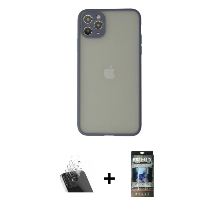 MARSİLYAN™- iPhone 12 Pro Kılıf Ahenk Çizgi Serisi - Siyah 34D Hayalet Izgaralı Cam + Kamera Lens Koruma Cam - SF