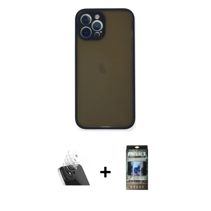 MARSİLYAN™- iPhone 12 Pro Kılıf Ahenk Çizgi Serisi - Siyah 34D Hayalet Izgaralı Cam + Kamera Lens Koruma Cam - SF