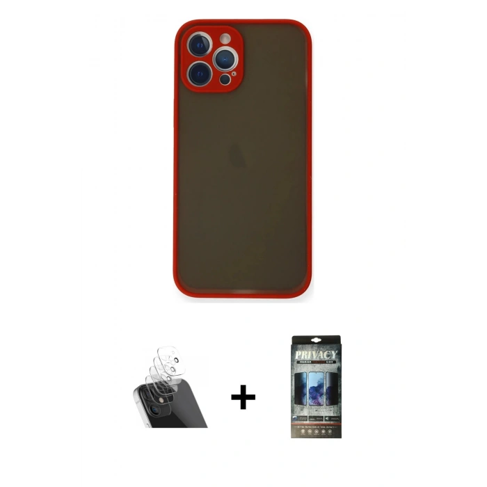 MARSİLYAN™- iPhone 12 Pro Kılıf Ahenk Çizgi Serisi - Siyah 34D Hayalet Izgaralı Cam + Kamera Lens Koruma Cam - SF