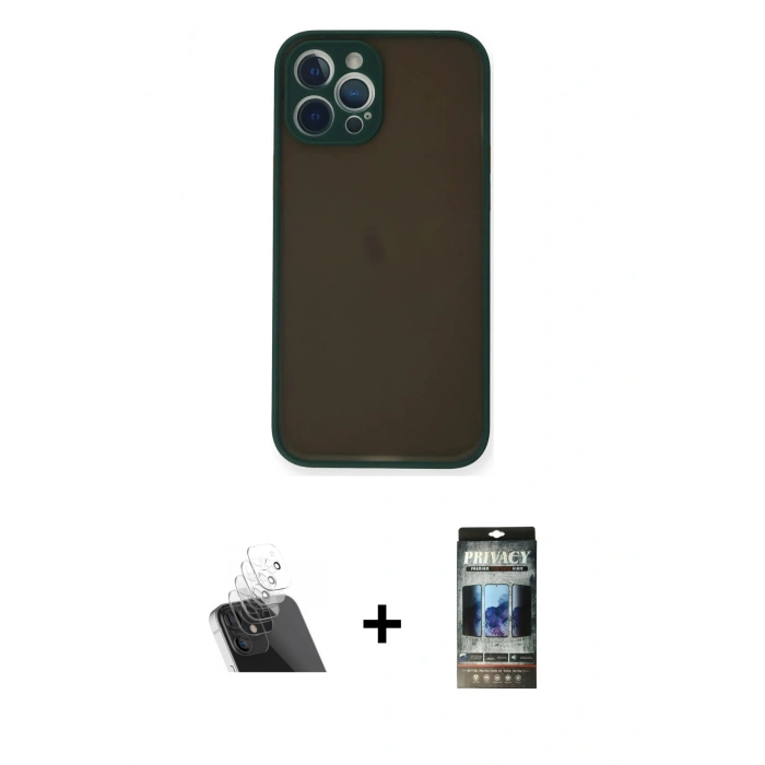MARSİLYAN™- iPhone 12 Pro Kılıf Ahenk Çizgi Serisi - Siyah 34D Hayalet Izgaralı Cam + Kamera Lens Koruma Cam - SF