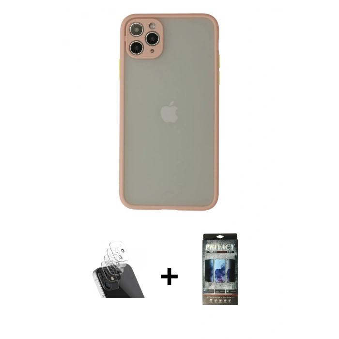MARSİLYAN™- iPhone 12 Pro Kılıf Ahenk Çizgi Serisi - Siyah 34D Hayalet Izgaralı Cam + Kamera Lens Koruma Cam - SF