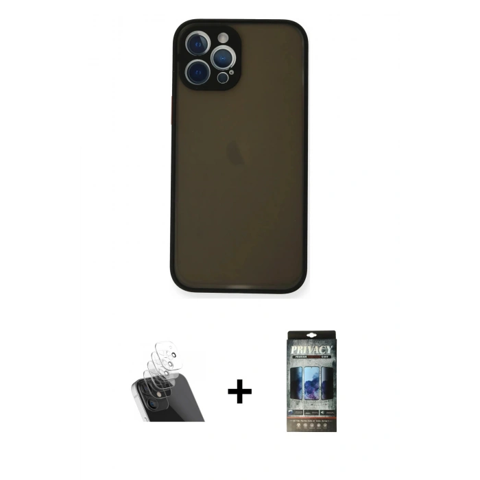MARSİLYAN™- iPhone 12 Pro Kılıf Ahenk Çizgi Serisi - Siyah 34D Hayalet Izgaralı Cam + Kamera Lens Koruma Cam - SF