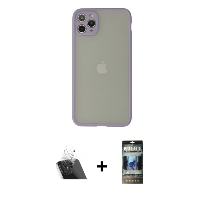 MARSİLYAN™- iPhone 12 Pro Kılıf Ahenk Çizgi Serisi - Siyah 34D Hayalet Izgaralı Cam + Kamera Lens Koruma Cam - SF