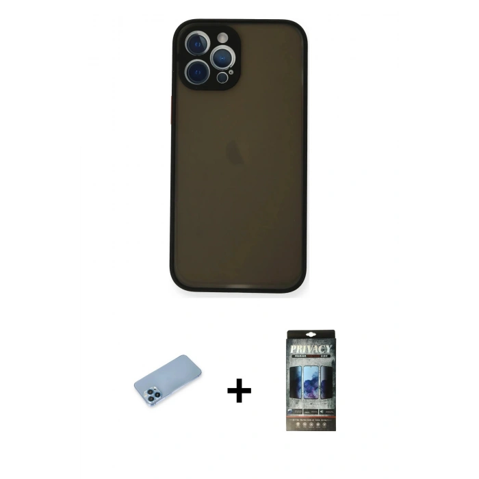 MARSİLYAN™- iPhone 12 Pro Kılıf Ahenk Çizgi Serisi - Siyah 34D Hayalet Izgaralı Cam + Shine Kamera Lens Koruma Cam - MI