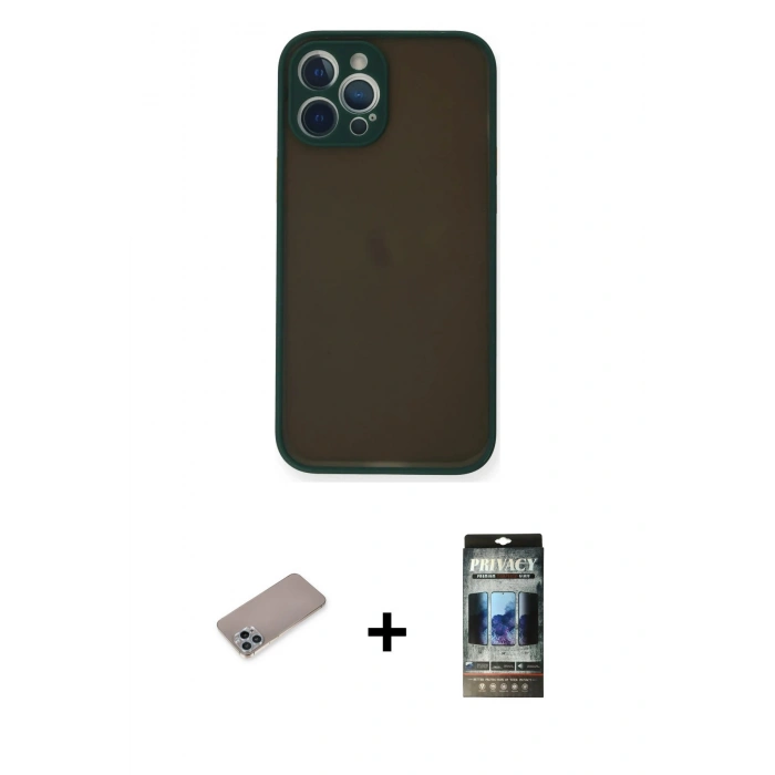 MARSİLYAN™- iPhone 12 Pro Kılıf Ahenk Çizgi Serisi - Siyah 34D Hayalet Izgaralı Cam + Shine Kamera Lens Koruma Cam - SABE