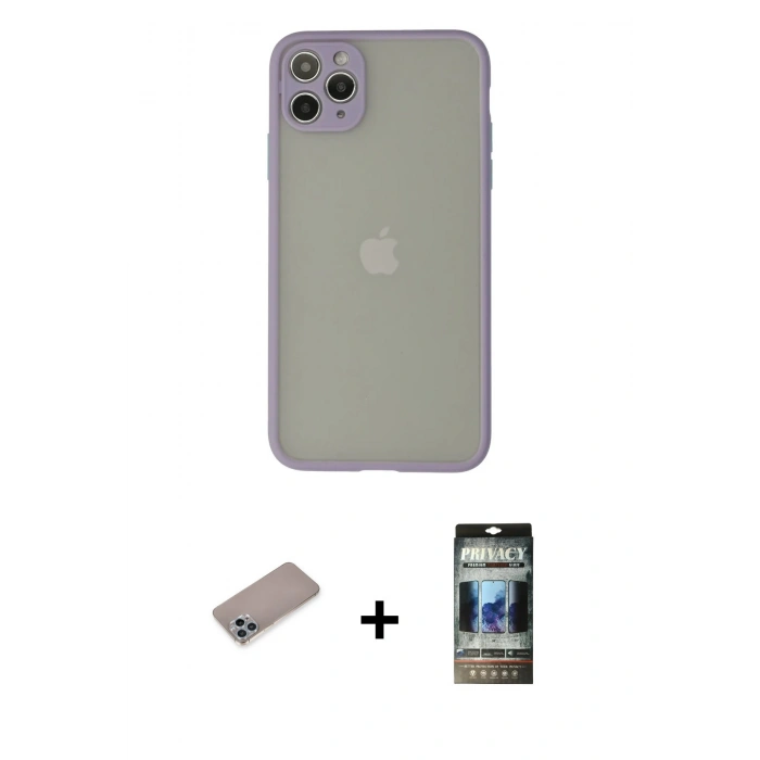 MARSİLYAN™- iPhone 12 Pro Kılıf Ahenk Çizgi Serisi - Siyah 34D Hayalet Izgaralı Cam + Shine Kamera Lens Koruma Cam - SABE