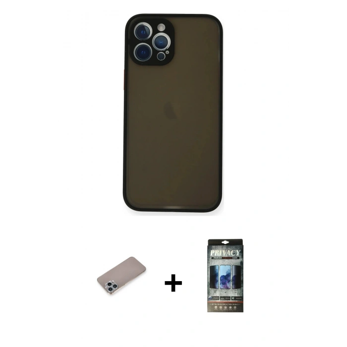 MARSİLYAN™- iPhone 12 Pro Kılıf Ahenk Çizgi Serisi - Siyah 34D Hayalet Izgaralı Cam + Shine Kamera Lens Koruma Cam - SABE