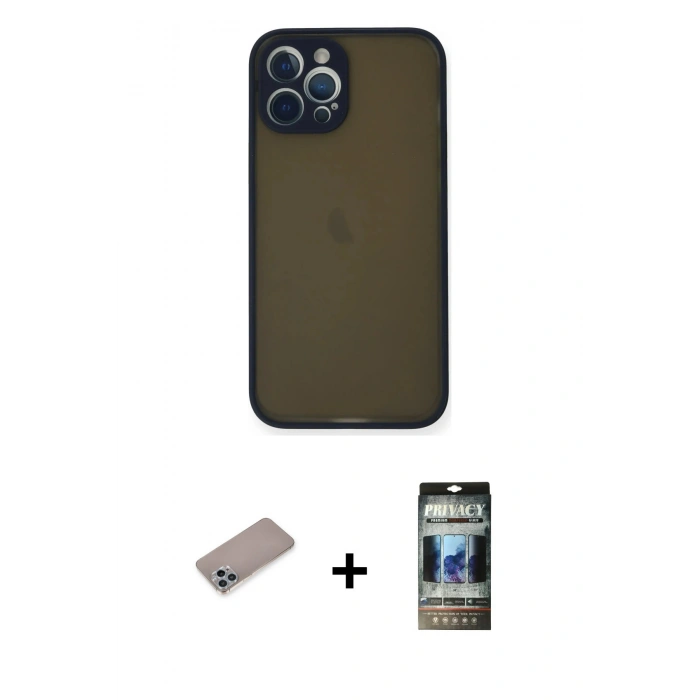 MARSİLYAN™- iPhone 12 Pro Kılıf Ahenk Çizgi Serisi - Siyah 34D Hayalet Izgaralı Cam + Shine Kamera Lens Koruma Cam - SABE