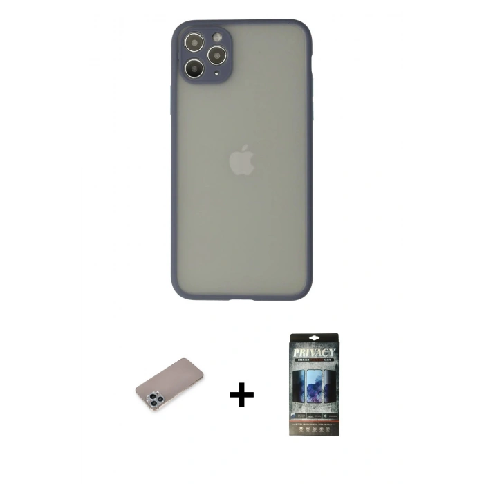 MARSİLYAN™- iPhone 12 Pro Kılıf Ahenk Çizgi Serisi - Siyah 34D Hayalet Izgaralı Cam + Shine Kamera Lens Koruma Cam - SABE