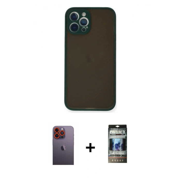 MARSİLYAN™- iPhone 12 Pro Kılıf Ahenk Çizgi Serisi - Siyah 34D Hayalet Izgaralı Cam + Neon Fosforlu Kamera Lens - TU