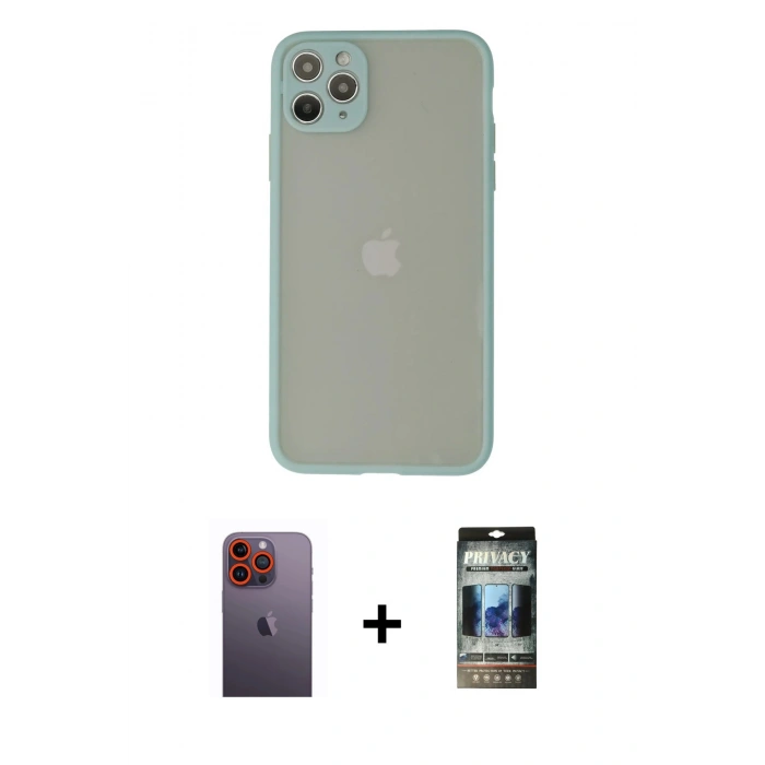 MARSİLYAN™- iPhone 12 Pro Kılıf Ahenk Çizgi Serisi - Siyah 34D Hayalet Izgaralı Cam + Neon Fosforlu Kamera Lens - TU
