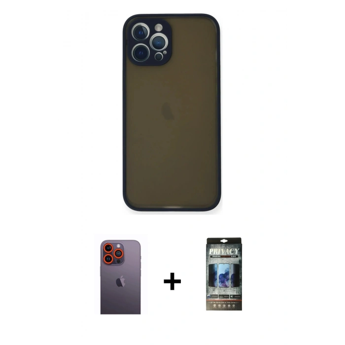 MARSİLYAN™- iPhone 12 Pro Kılıf Ahenk Çizgi Serisi - Siyah 34D Hayalet Izgaralı Cam + Neon Fosforlu Kamera Lens - TU