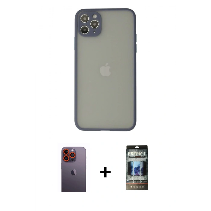 MARSİLYAN™- iPhone 12 Pro Kılıf Ahenk Çizgi Serisi - Siyah 34D Hayalet Izgaralı Cam + Neon Fosforlu Kamera Lens - TU