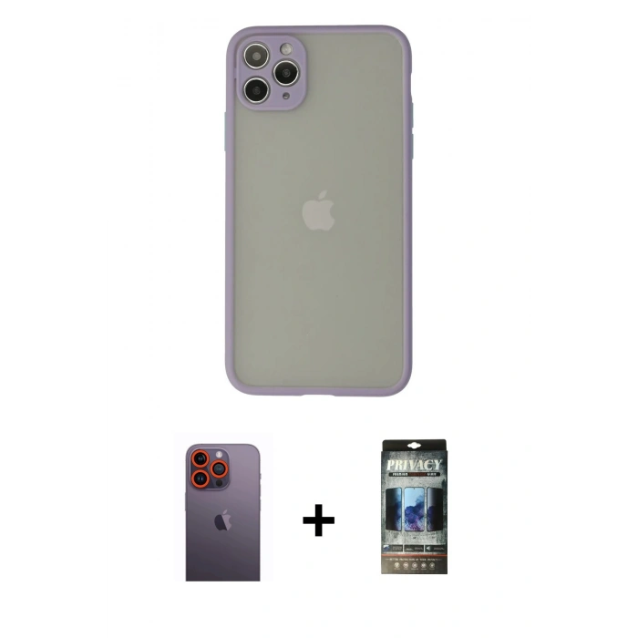 MARSİLYAN™- iPhone 12 Pro Kılıf Ahenk Çizgi Serisi - Siyah 34D Hayalet Izgaralı Cam + Neon Fosforlu Kamera Lens - TU