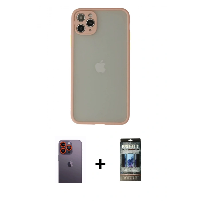 MARSİLYAN™- iPhone 12 Pro Kılıf Ahenk Çizgi Serisi - Siyah 34D Hayalet Izgaralı Cam + Neon Fosforlu Kamera Lens - TU