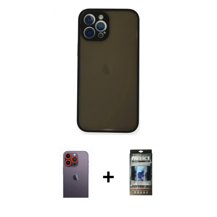 MARSİLYAN™- iPhone 12 Pro Kılıf Ahenk Çizgi Serisi - Siyah 34D Hayalet Izgaralı Cam + Neon Fosforlu Kamera Lens - TU